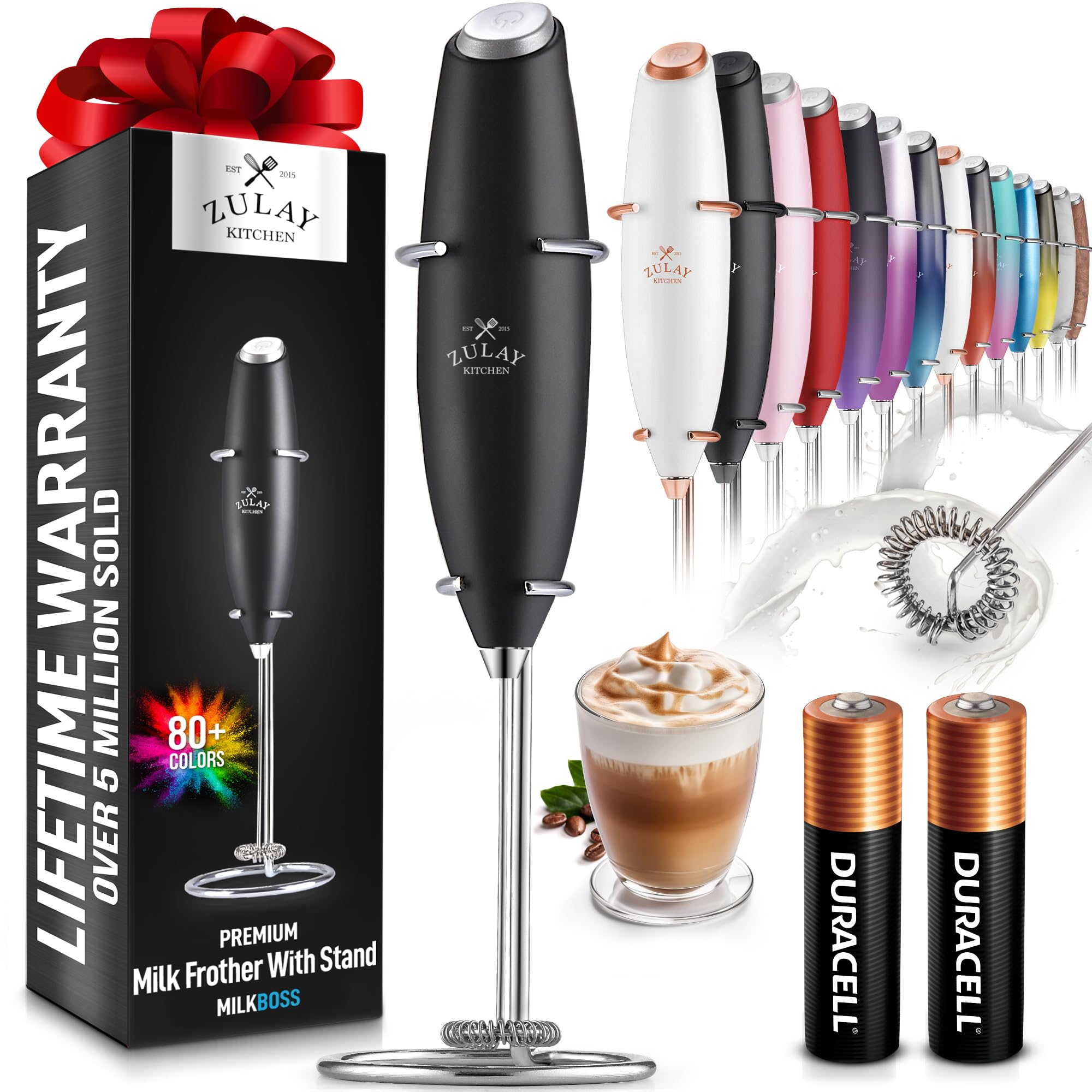 Powerful Milk Frother Wand With 2 Duracell Batteries - Ultra Fast Handheld Drink Mixer - Electric Whisk Foam Maker for Coffee Lattes Cappuccino Matcha Hot Chocolate & Creamer - Black